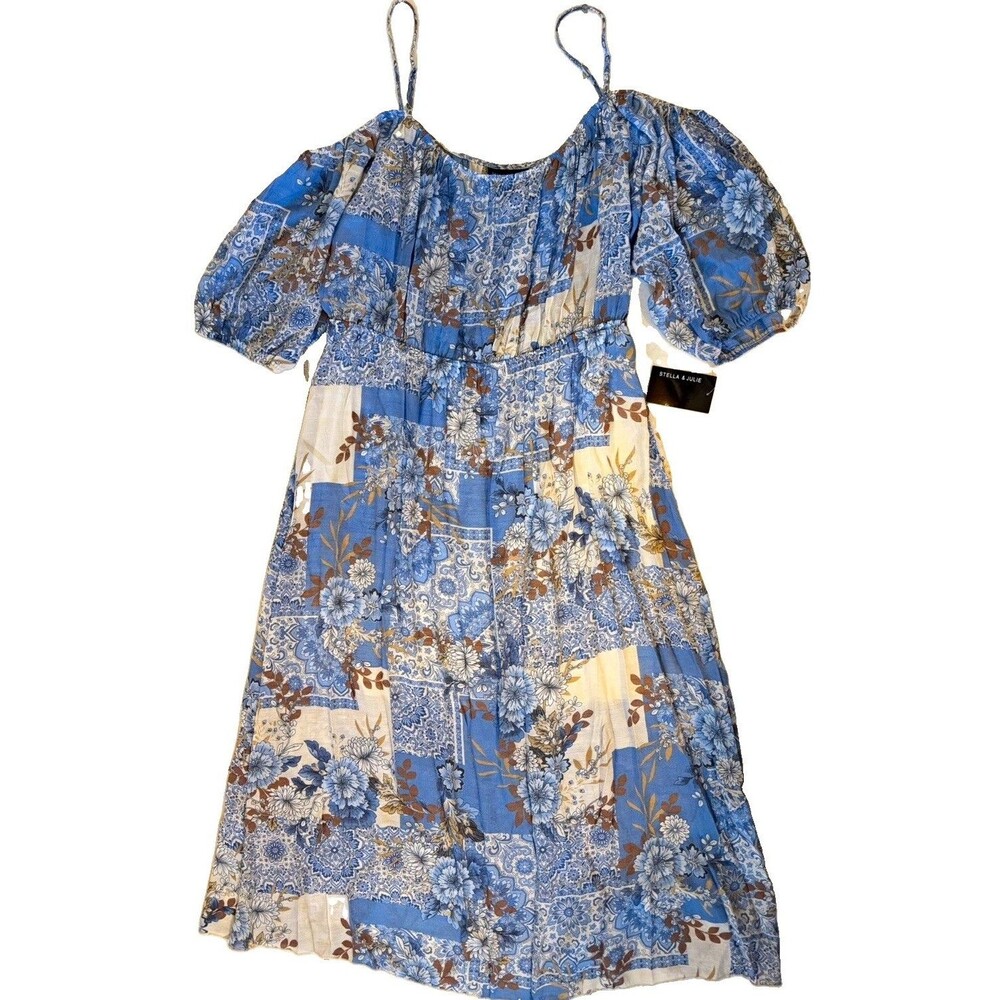 Stella & Julie Blue Floral Patchwork Smocked Dress 20W Scoop Neck Puff Sleeve